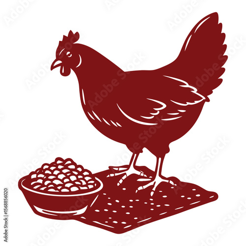 Stylized Poultry Illustration A Hen and a Bowl of Food Simple Design with Earthy Tones and Clean Lines