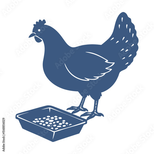 Blue Silhouette of a Chicken Eating From Food Tray Farm Animal Concept in Minimalist Design