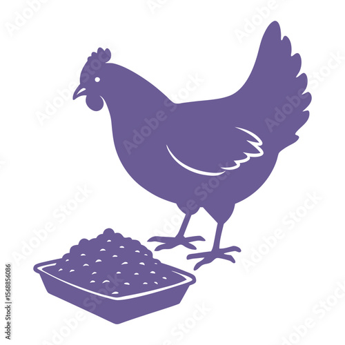 Purple Chicken Silhouette Eating Food from a Tray, Simple Design Illustration, Domestic Fowl