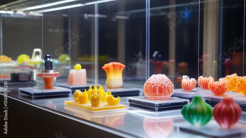 A vibrant food lab showcasing advanced 3D printing machines and innovative edible designs.