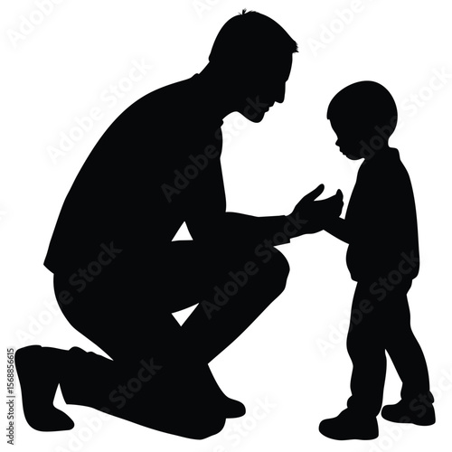 Silhouette presents a caring father kneeling to interact with his young child in an affectionate way