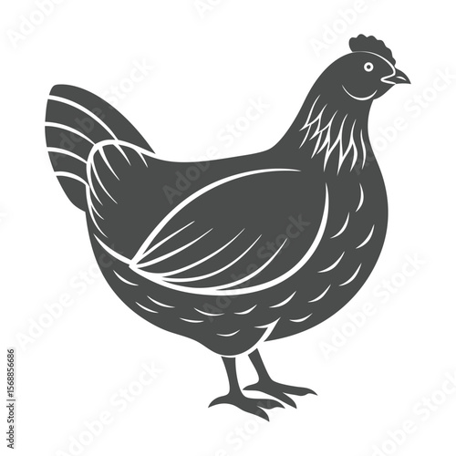 Elegant Hen Illustration in Gray Silhouette with Refined Details, Symbolizing Farm Freshness and Poultry Expertise