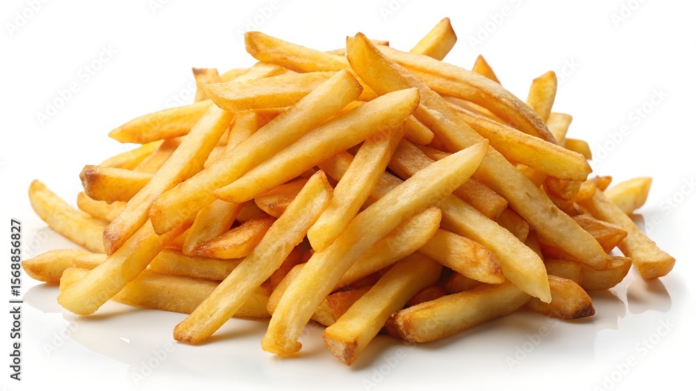 A pile of golden brown french fries isolated on white background