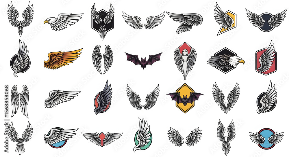 Obraz premium Butterfly and eagle wings with shield vector pattern collection