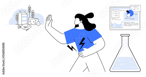 Woman with stomach pain avoiding allergenic foods thumbs up fish, milk, and wheat. Lab flask and data analysis symbolize health research. Ideal for medicine, nutrition, science, allergies, diet