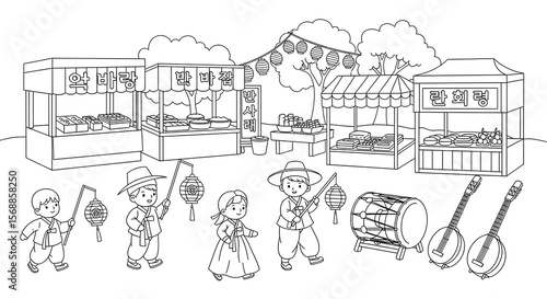 Wallpaper Mural Children in korean hanbok celebrate at a traditional market with lanterns and instruments isolated on transparent background Torontodigital.ca