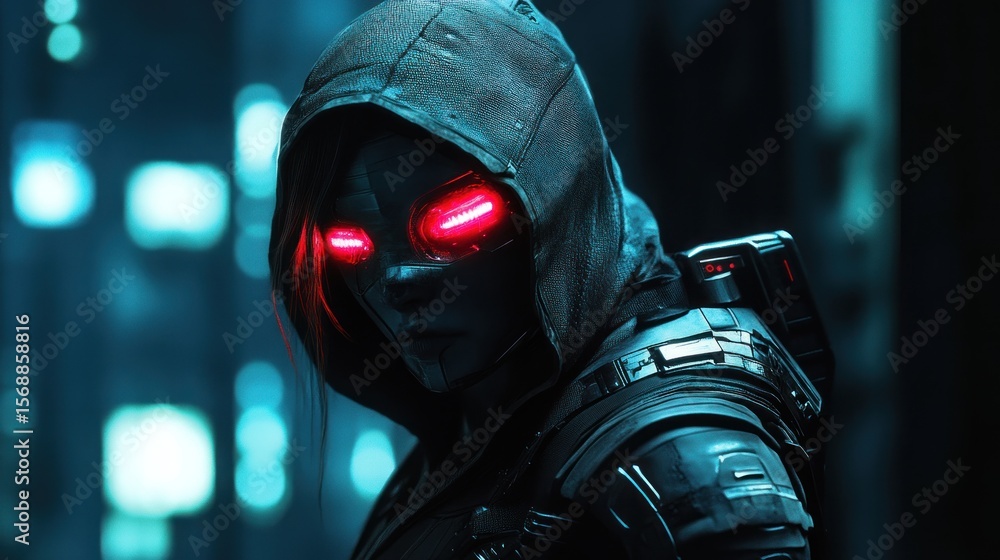 Futuristic female character with glowing red eyes Futuristic female character with glowing red eyes
