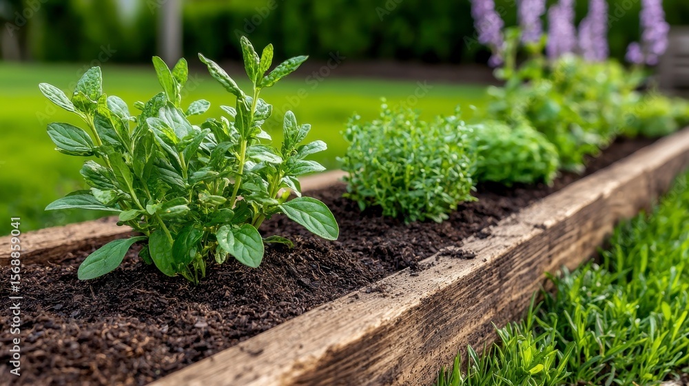 Close Up of Herbs and Flowers in Wooden Container with Green Lawn Background Close Up of Herbs and Flowers in Wooden Container with Green Lawn Background