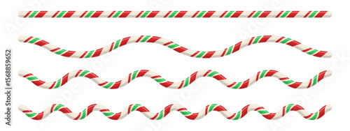Candy cane border with red, white, green striped pattern. Includes realistic spiral lollipop line for holiday card or banner design. Seamless sweet ornament for winter decoration. Vector illustration.