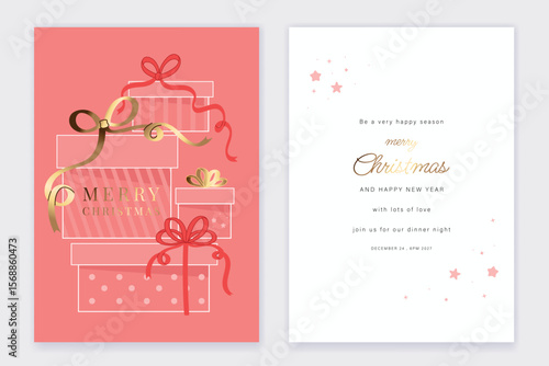 Christmas invitation Ribbon card vector set. Elegant wallpaper with holly berry leaves, ribbon frame, bauble ball, candle. Holidays design illustration for cover, print, poster, packaging, ads.