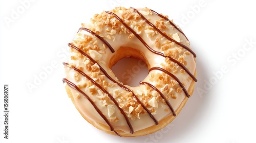 Sweet Vanilla Frosted Donut with Nuts and Chocolate Drizzle