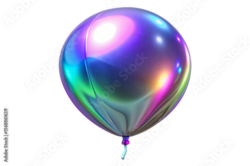 Shiny iridescent holographic balloon with a flowing ribbon isolated on transparent background