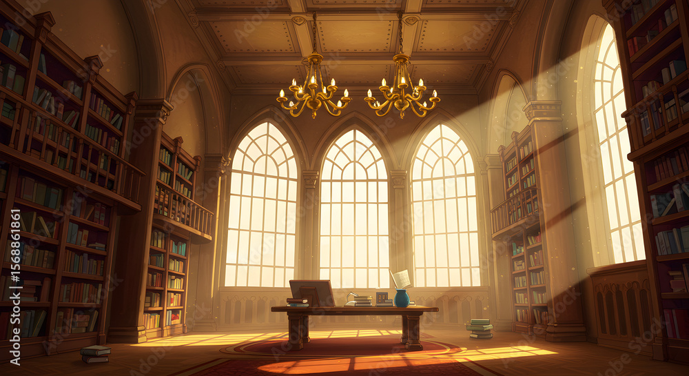 Fototapeta premium Luxurious chapel room with tall arched windows and warm lighting from chandeliers