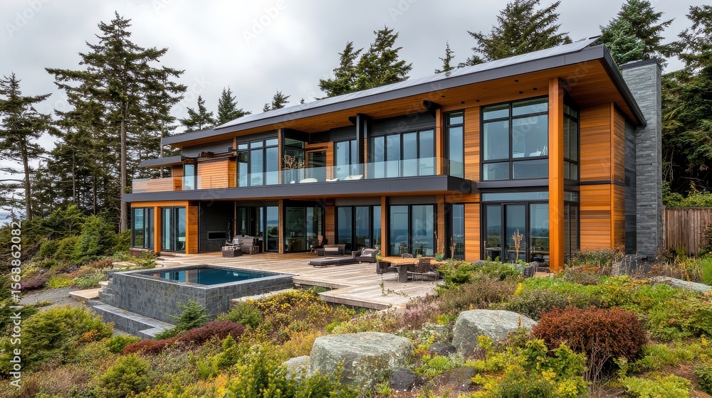 Fototapeta premium Modern eco-friendly home with solar panels and large windows