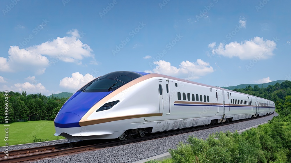 Fototapeta premium Modern High-Speed Train on Tracks with Scenic Background