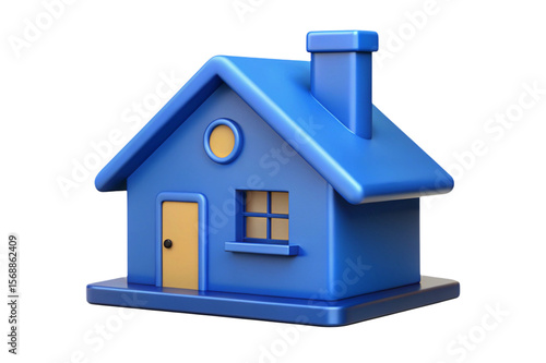 Simple blue 3d cartoon house with yellow door and window isolated on transparent background