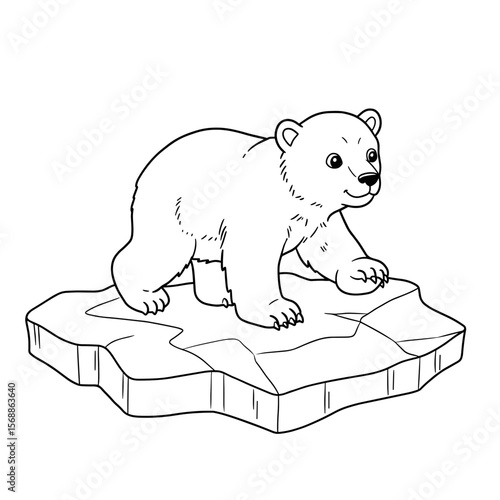 A playful cartoon polar bear cub stands on cracked ice with a cheerful expression, drawn in black-and-white line art.