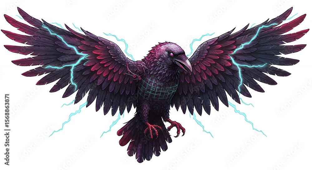 Fototapeta premium Powerful raven in flight with lightning