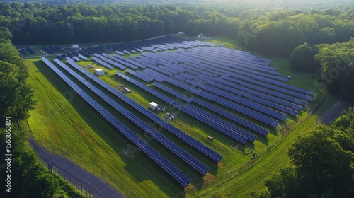 Aerial View of Solar Farm Installation with Drone Observing Construction