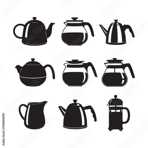 Nine Black Silhouettes of Teapots Coffee Pots and a Creamer on White Background Various Styles and Shapes of Beverage Containers
