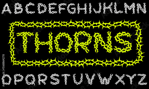 Thorns Alphabet A to Z Vector Illustrations with frame Thorns Twine decoration. Grunge barbed font.