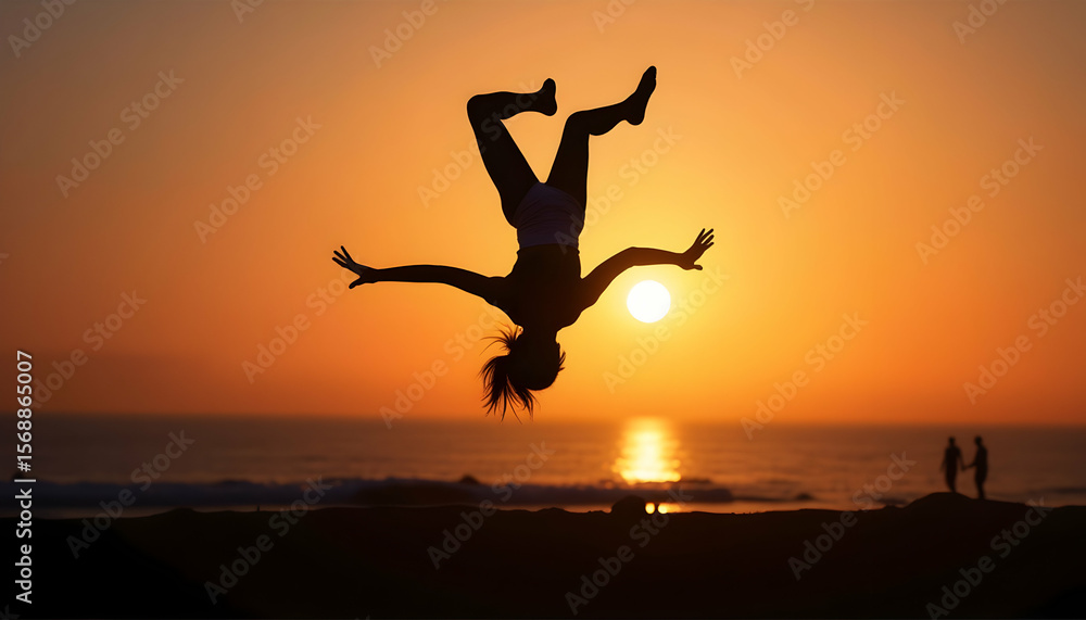 Woman Doing Backflip at Sunset Near Ocean with Silhouettes Woman Doing Backflip at Sunset Near Ocean with Silhouettes