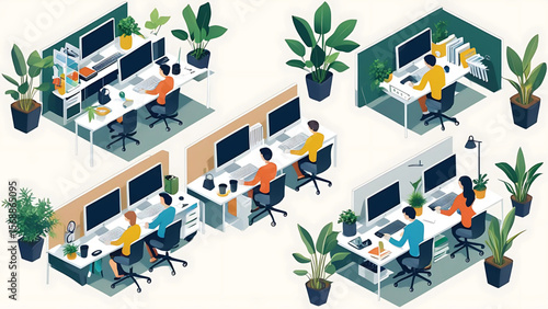 Modern Office Space with Cubicles and Indoor Plants, Contemporary Workspace with Employees and Desk Plants