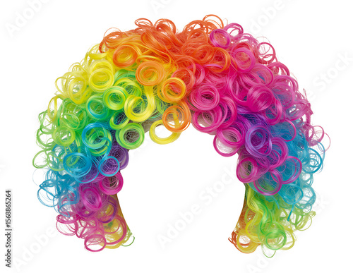 Vibrant rainbow curly clown wig isolated on transparent background