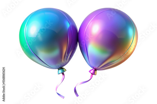 Two iridescent holographic balloons with ribbons isolated on transparent background