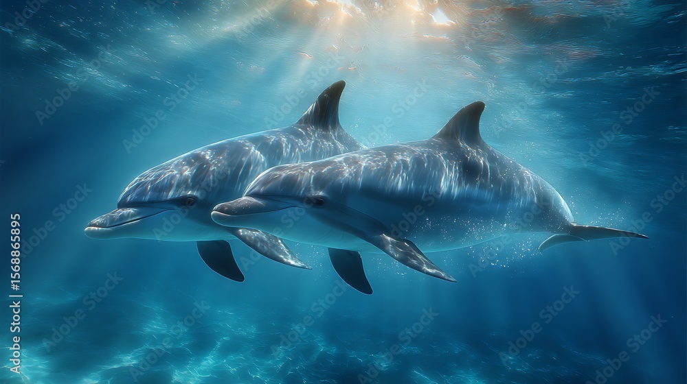 Naklejka premium Dolphins swim ocean depths