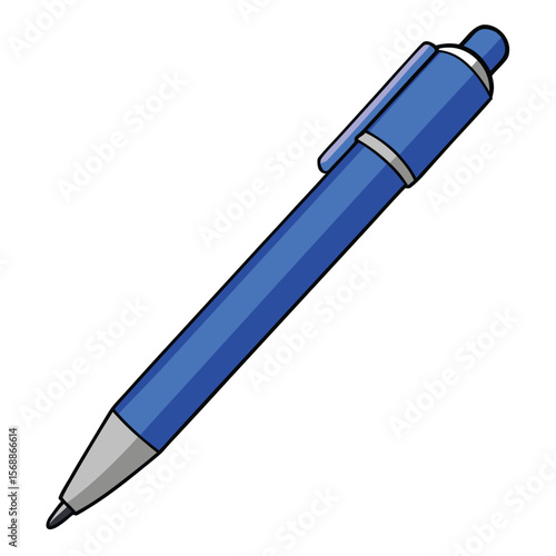 A blue ballpoint pen, uncapped and ready to write on a plain white surface, a simple icon for writing, education, and business.