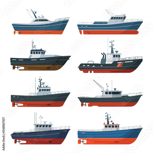 Collection of Various Types of Fishing and Work Boats
