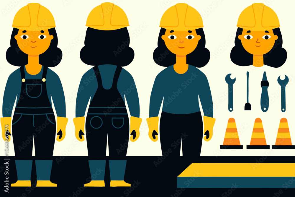 Naklejka premium Female Construction Worker Illustration with Tools and Safety Equipment in Flat Vector Style for Design Projects