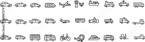 Transportation and Vehicle Stroke Icon Set. Includes Car, Bus, Train, Plane, Ship, Bike, Scooter, and More. Editable Line Style for Travel and Mobility Themes.