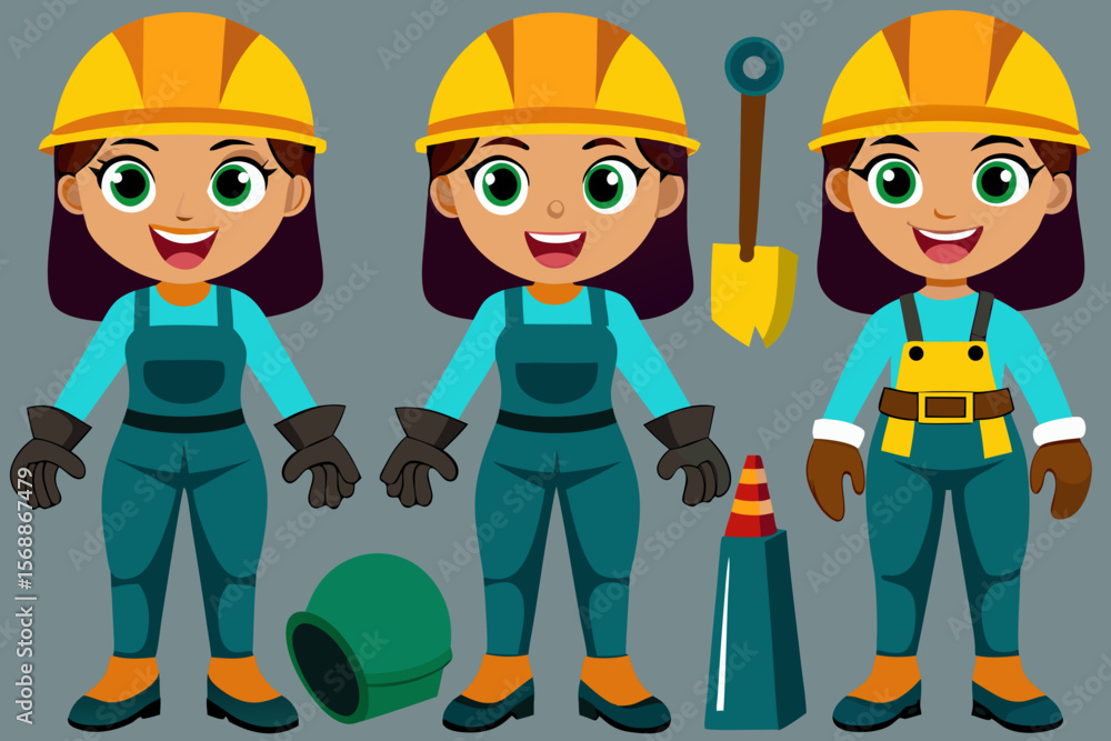 Naklejka premium Cartoon female construction worker characters with hard hats shovel traffic cone and other construction related objects