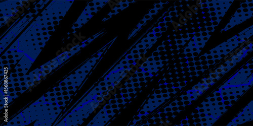 sports background, banner design in blue and black with pointed shapes and empty space. brush stroke pattern