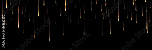 Golden shooting stars cascade down dark night background - meteor shower with warm light trails and sparkles for luxury celebration, festive event decoration and magical space themed design elements