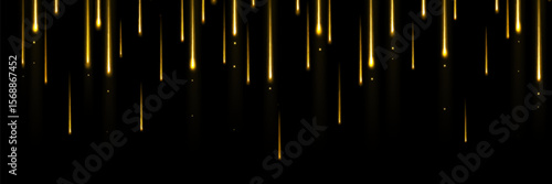 Golden shooting stars cascade down dark night background - meteor shower with warm light trails and sparkles for luxury celebration, festive event decoration and magical space themed design elements