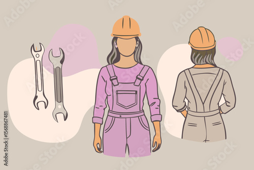 Female Construction Workers with Wrenches Front and Back View Wearing Hard Hats and Overalls Vector Illustration