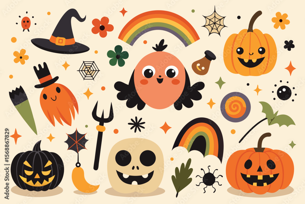 Cute Halloween Vector Illustration with Pumpkins Ghost Skull Witch Hat Rainbow and Other Spooky Elements Cute Halloween Vector Illustration with Pumpkins Ghost Skull Witch Hat Rainbow and Other Spooky Elements
