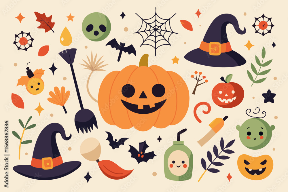 Naklejka premium Cute Halloween Vector Illustration with Pumpkin Witch Hats Bats Spiderweb and Other Spooky Elements