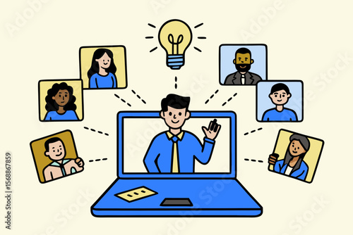 Virtual Meeting with Diverse Team and Idea Generation Through Online Collaboration Platform on Laptop