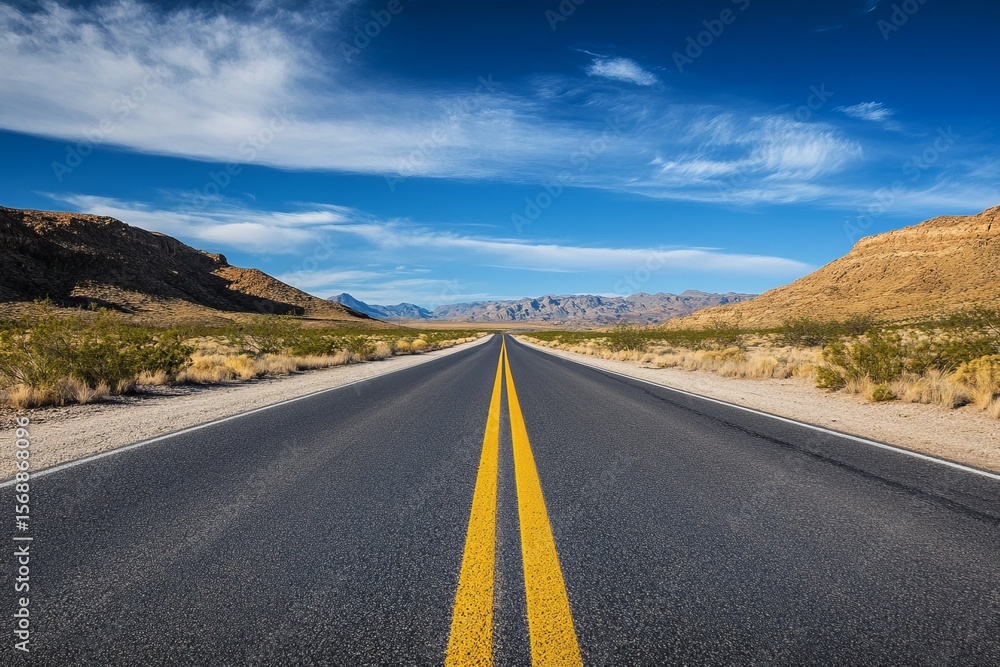 Naklejka premium Endless desert highway leading toward distant mountains under bright blue sky, symbolizing freedom, adventure, and travel inspiration for road trip or journey themes