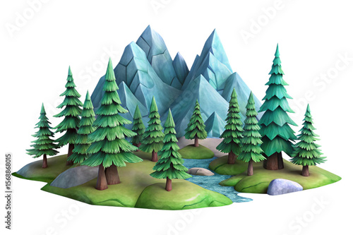 Stylized evergreen forest with icy mountains and a flowing river isolated on transparent background