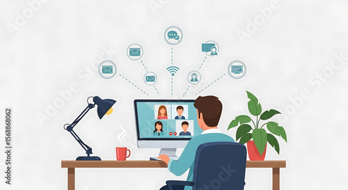 Man in Home Office Participating in Video Conference