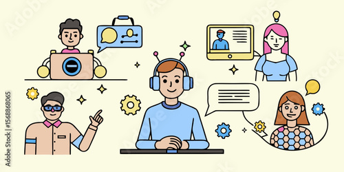 Diverse Team Illustration for Customer Support Communication and Technology Featuring Chatbots Agents and Virtual Assistants