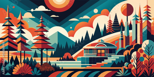 A grunge vector illustration of an abstract urban skyline at night with silhouetted buildings and a moonlit sky, perfect for a winter travel design