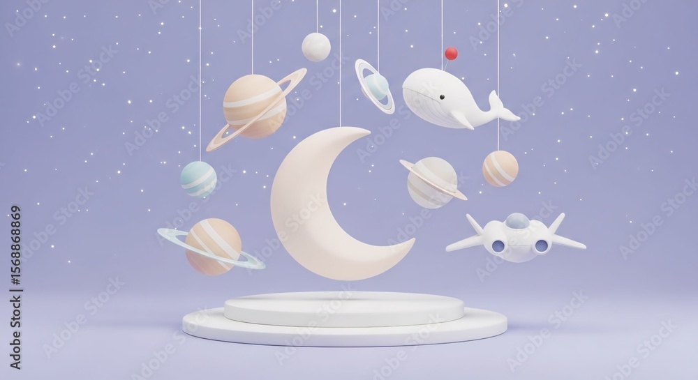 Naklejka premium 3d kid background. Galaxy space podium, rocket planet and toy spaceship as star children products promo presentation, birthday room. Cute cartoon childish banner backdrop. Vector showcase