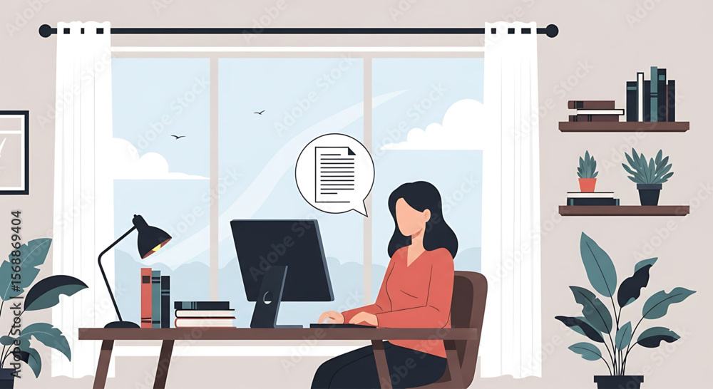 Fototapeta premium Woman Working at Home Computer, Writing Document