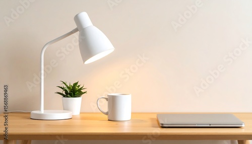 Wallpaper Mural Modern Minimalist Desk Setup White Desk Lamp, Succulent Plant, and Coffee Mug Torontodigital.ca
